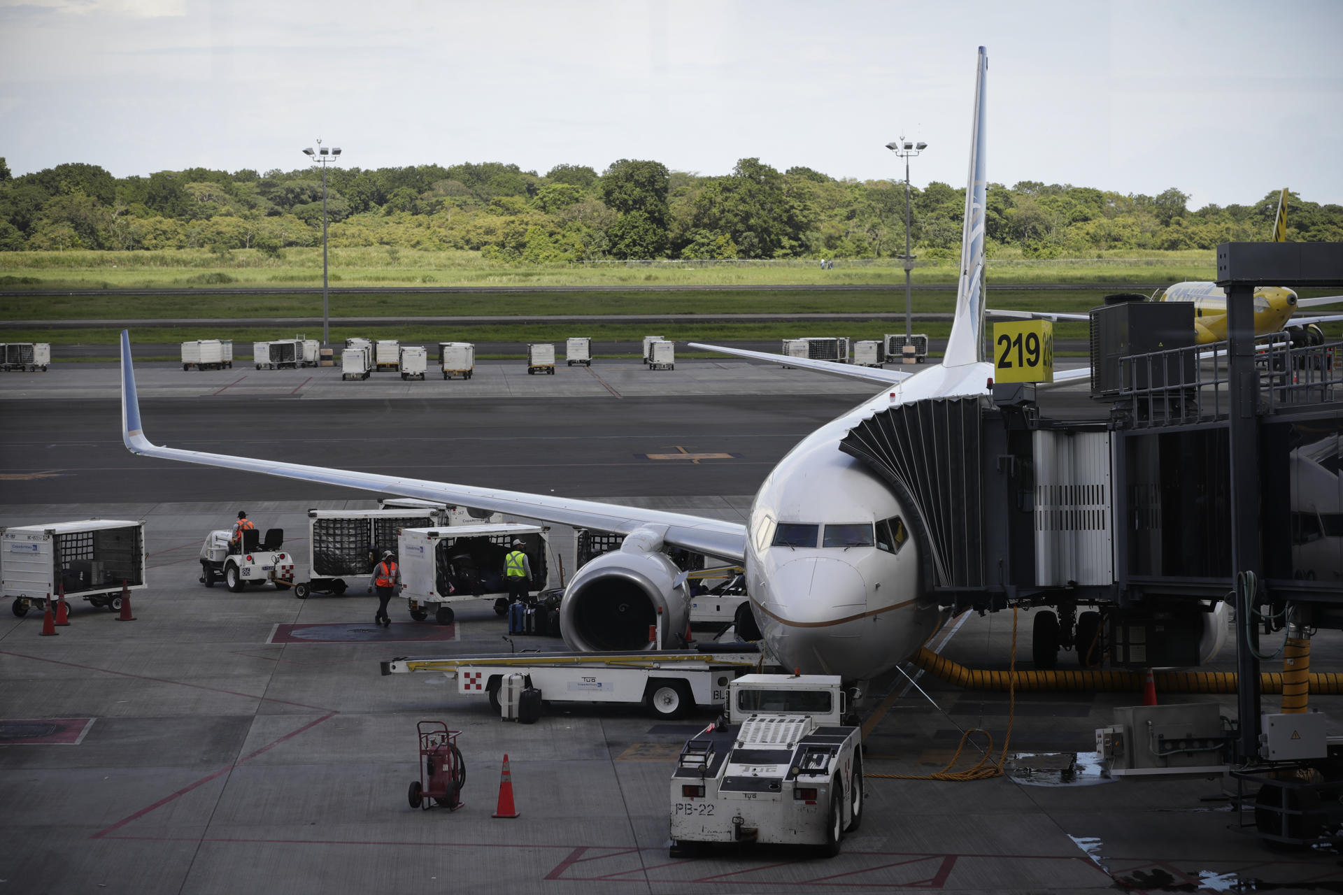 Vista de un avión de Copa durante la inauguración de la nueva ruta desde Panamá hacia Manta (Ecuador), en el aeropuerto internacional de Tocumen en ciudad de Panamá (Panamá). EFE/Bienvenido Velasco