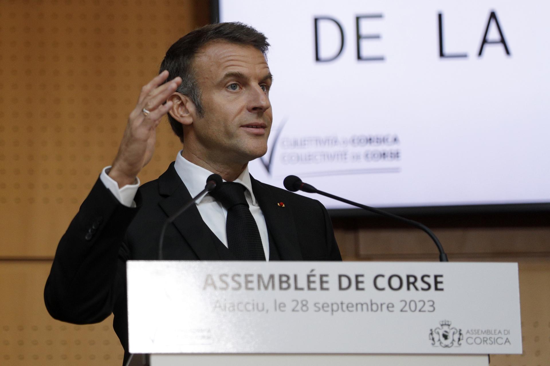 El presidente francés, Emmanuel Macron, ante la Asamblea de Córcega. EFE/EPA/PASCAL POCHARD-CASABIANCA / POOL MAXPPP OUT