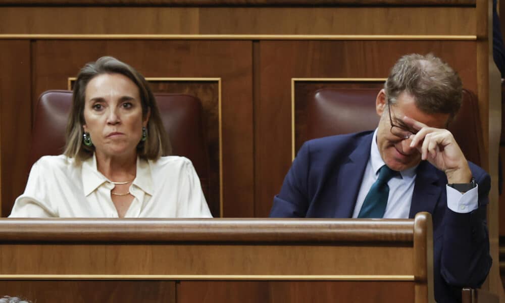 El líder del Partido Popular y candidato presidencial, Alberto Núñez Feijóo junto a la portavoz, Cuca Gamarra durante la segunda votación de su investidura, este viernes en el Congreso. EFE/Juan Carlos Hidalgo