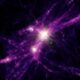Concepción artística de las primeras galaxias con brote estelar. La imagen se ha obtenido a partir de los datos de simulación FIRE utilizados para esta investigación.  Las estrellas y galaxias se muestran en los puntos de luz blanca brillante, mientras que la materia oscura más difusa y el gas se muestran en morados y rojos. Crédito: 
Aaron M. Geller, Northwestern, CIERA + IT-RCDS