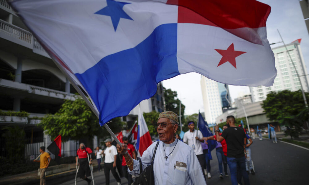 Un manifestante ondea una bandera de Panamá durante una marcha hoy, en Ciudad de Panamá (Panamá). EFE/Bienvenido Velasco