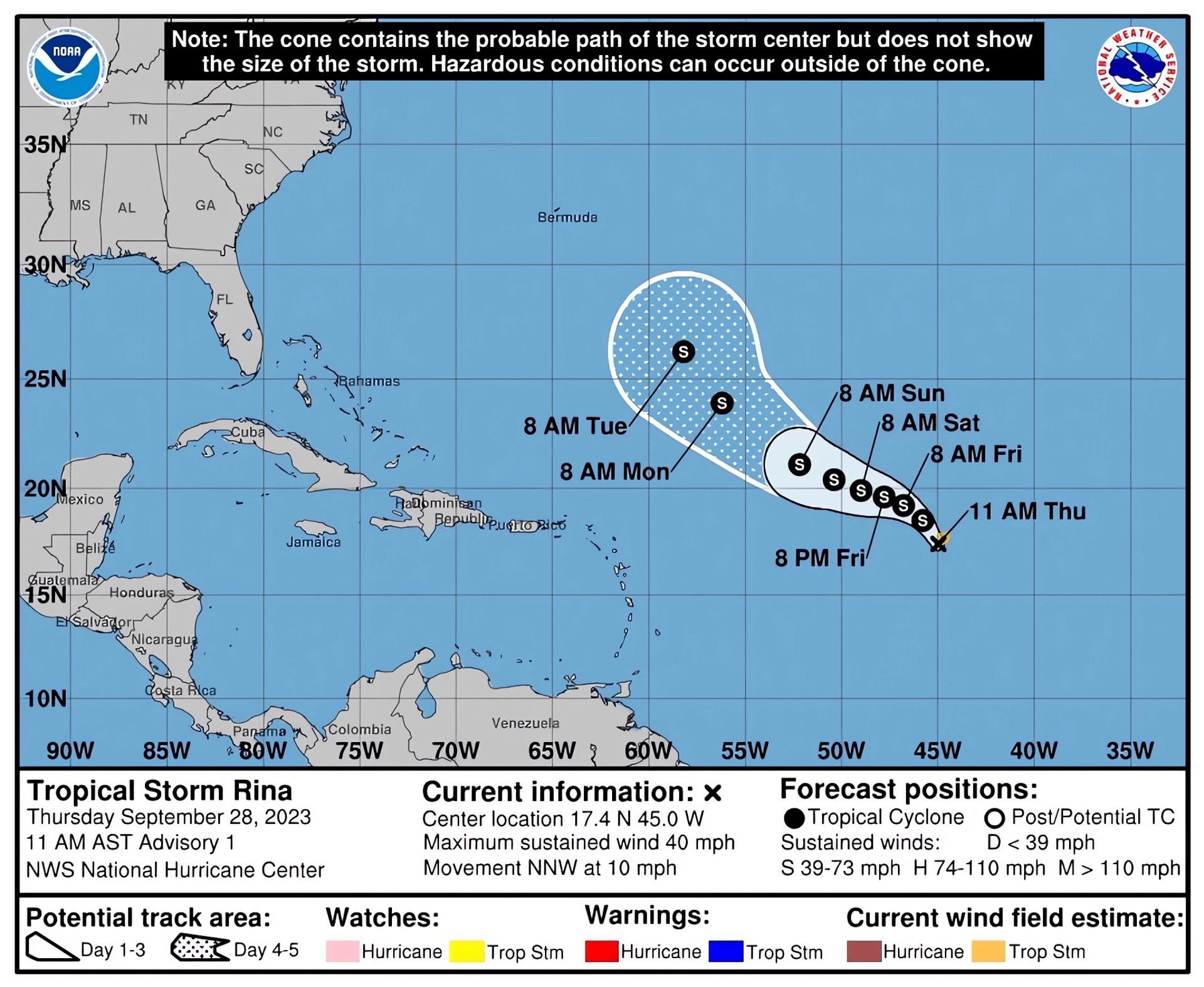 Imagen de archivo cedida por el Centro Nacional de Huracanes (NHC) de Estados Unidos donde se muestra el pronóstico de cinco días de una tormenta en el Atlántico. EFE/ NHC / SOLO USO EDITORIAL/ SOLO DISPONIBLE PARA ILUSTRAR LA NOTICIA QUE ACOMPAÑA (CRÉDITO OBLIGATORIO)