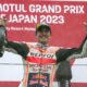 El piloto español Marc Marquez celebra el podio en el Gran Premio de Japón de MotoGP. EFE/EPA/KIMIMASA MAYAMA