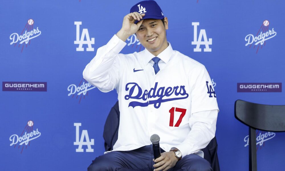 El japonés Shohei Ohtani durante su presentación como nuevo jugador de los Dodgers en Los Ángeles. EFE/EPA/CAROLINE BREHMAN