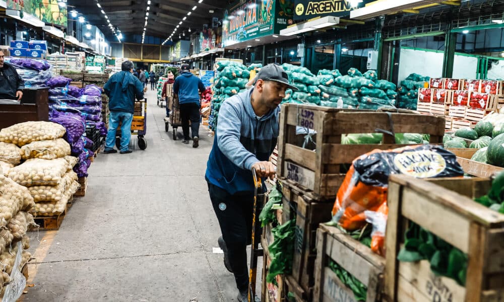 Personas realizan descarga de frutas y verduras, en el mercado central de frutas y verduras, en Buenos Aires (Argentina), en una fotografía de archivo. EFE/Juan Ignacio Roncoroni