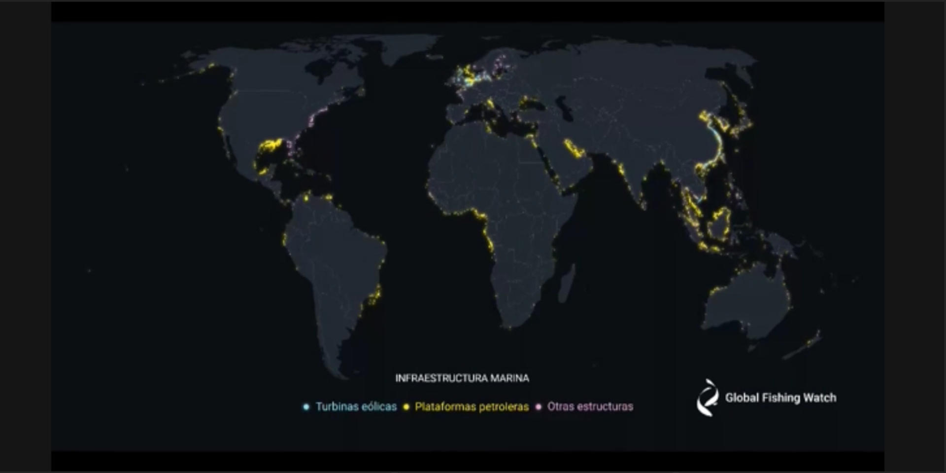 Captura de vídeo de animaciones facilitadas por Global Fishing Watch del mapa realizado con IA y tecnología saltelital de infraestructuras dedicadas al desarrollo industrial localizadas en alta mar. EFE