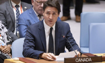 Fotografía de archivo del 20 de septiembre de 2023 donde aparece el primer ministro de Canadá, Justin Trudeau, mientras habla durante una reunión del Consejo de Seguridad de las Naciones Unidas sobre la guerra entre Ucrania y Rusia, en Nueva York (EE.UU.). EFE/Justin Lane