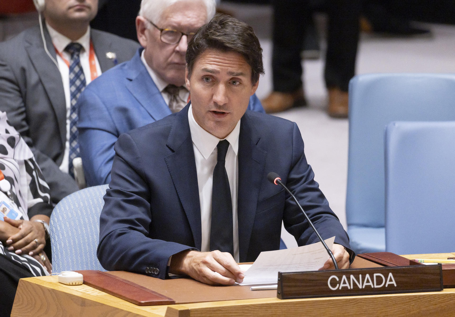 Fotografía de archivo del 20 de septiembre de 2023 donde aparece el primer ministro de Canadá, Justin Trudeau, mientras habla durante una reunión del Consejo de Seguridad de las Naciones Unidas sobre la guerra entre Ucrania y Rusia, en Nueva York (EE.UU.). EFE/Justin Lane