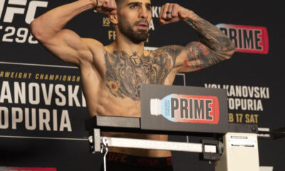 El peleador hispanogeorgiano Ilia Topuria durante el pesaje para la pelea por el título de peso pluma hoy, en el Regency Hyatt en Irvine, California (EE. UU). EFE/ Armando Arorizo