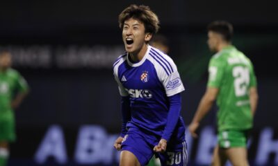 Zagreb (Croatia), 22/02/2024.- Dinamo's Takuro Kaneko celebrates after scoring the equalizer during the UEFA Europa Conference League knock-out round play-offs, 2nd leg soccer match between Dinamo Zagreb and Real Betis in Zagreb, Croatia, 22 February 2024. (Croacia) EFE/EPA/ANTONIO BAT