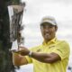 El golfista japonés Hideki Matsuyama fue registrado este domingo, 18 de febrero, al celebrar su triunfo en el torneo Genesis Invitational, en el club Riviera Country, en Los Ángeles (California, EE.UU.). EFE/Etienne Laurent