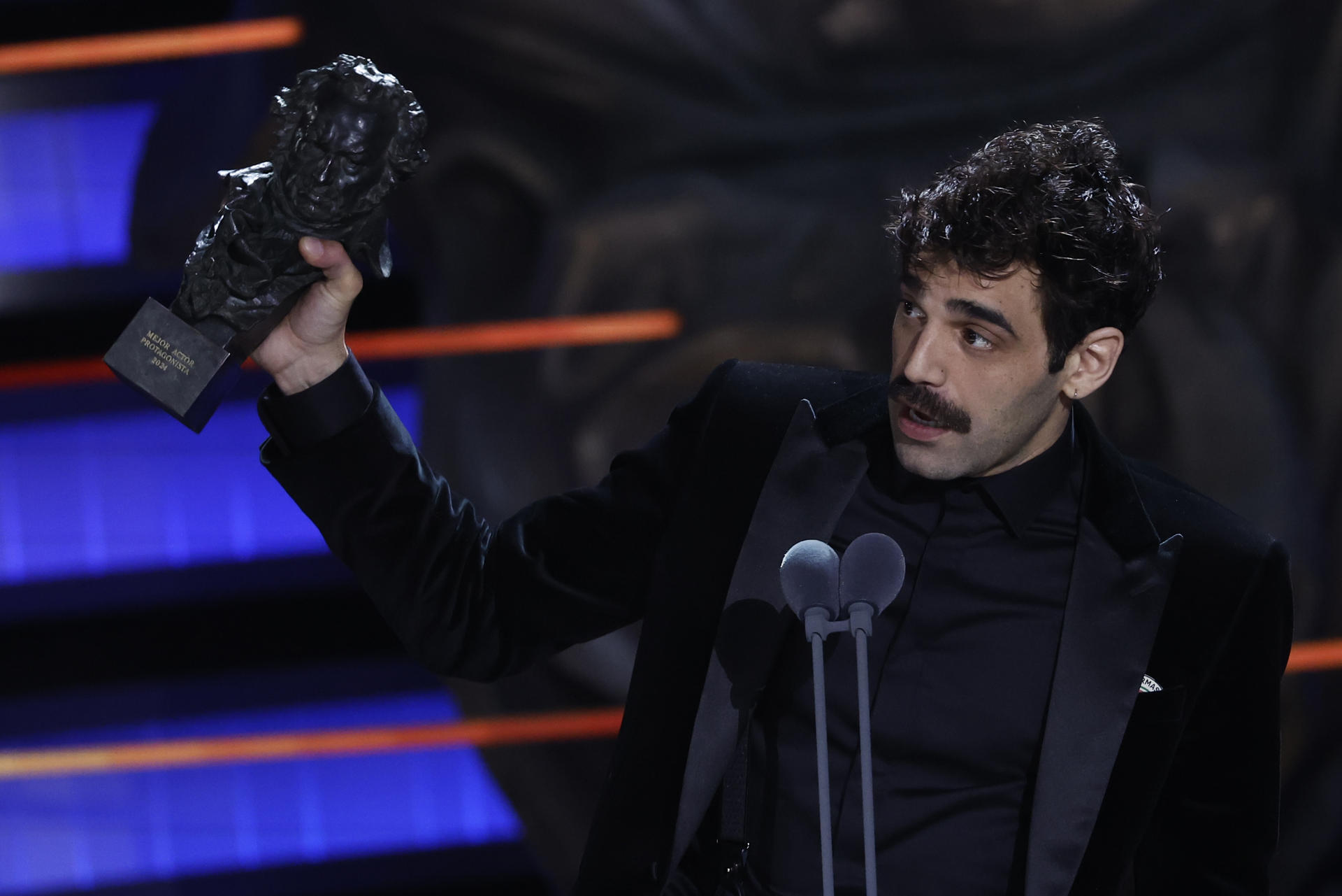 El actor David Verdaguer recibe el Goya a Mejor Actor Protagonista por 'Saben aquell', durante la ceremonia de entrega de la 38 edición de los Premios Goya celebrada este sábado en Valladolid. EFE/Chema Moya
