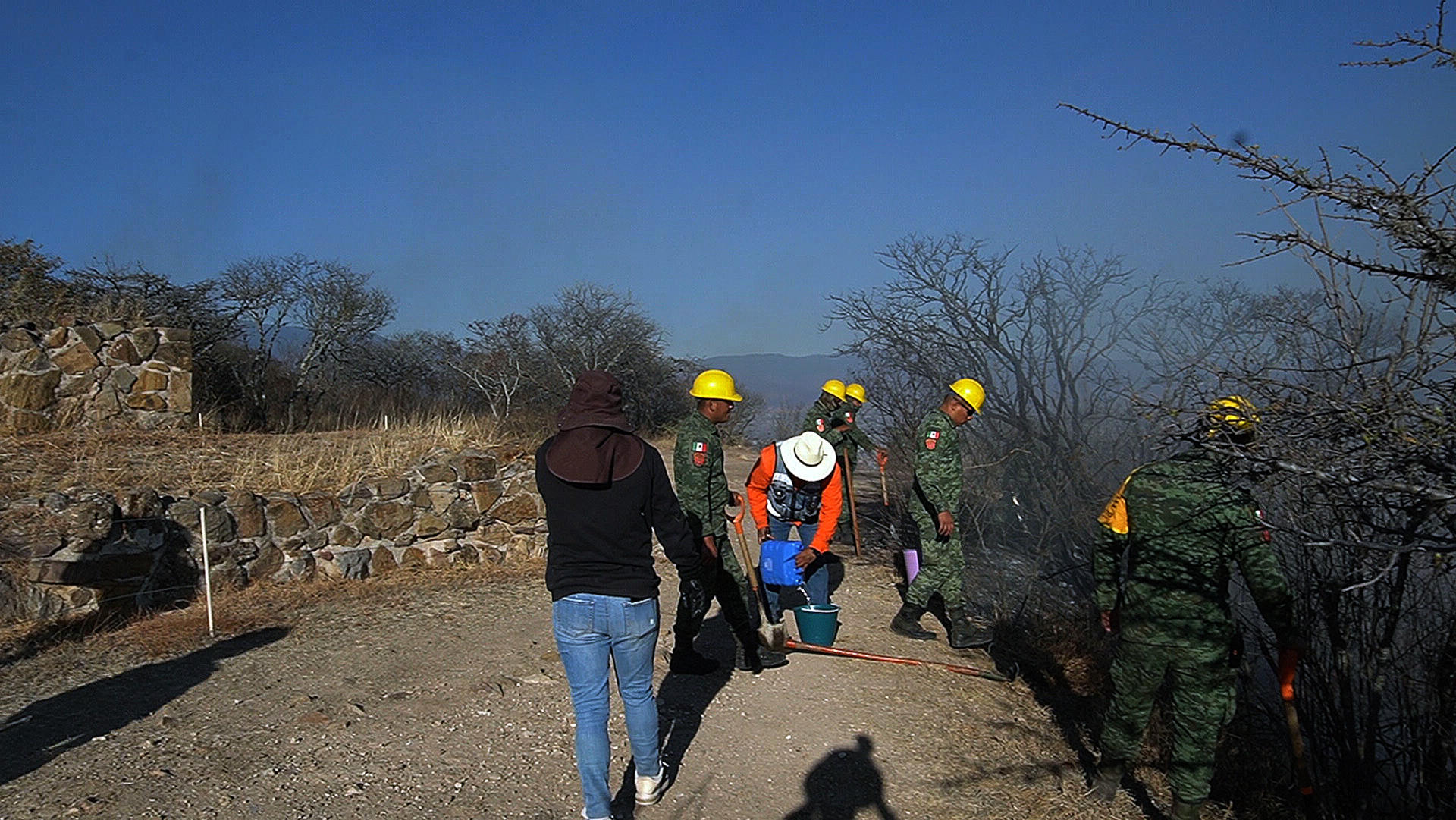 Personal del ejército mexicano controlan un incendio este jueves, en las cercanías de la zona arqueológica de Monte Albán en el municipio de Xoxocotlán, Oaxaca (México). EFE/Jesús Méndez
