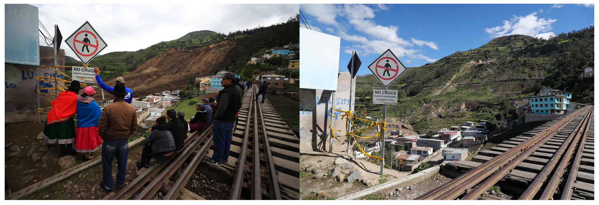 Combo de fotografías de archivo fechadas el 25 de marzo de 2023 (i) y el 6 de febrero de 2024 (d) que muestra la carrilera de un tren al paso por la población de Alausí (Ecuador). EFE/ José Jácome