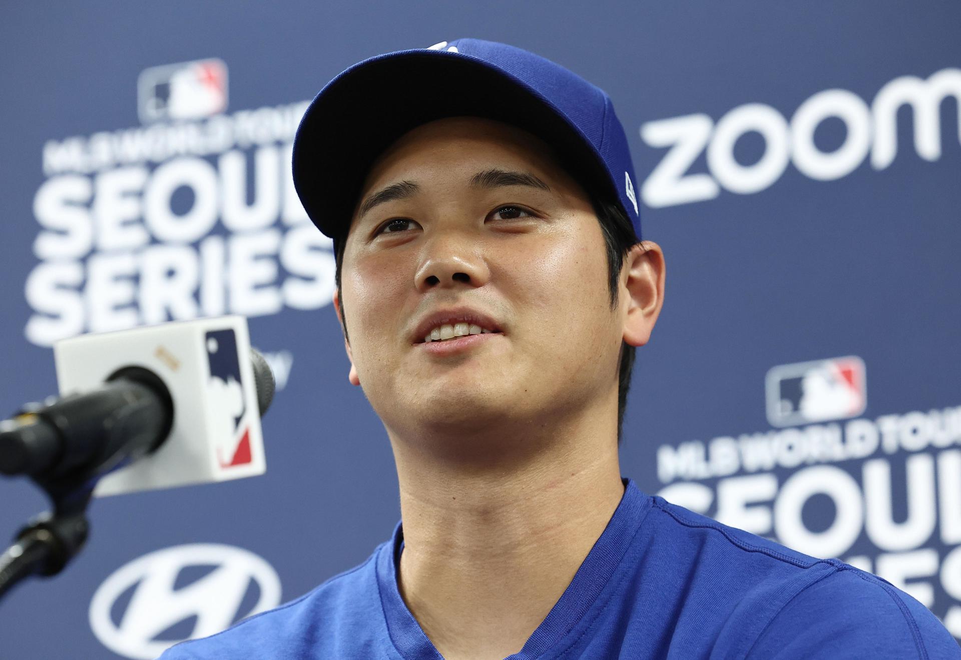 El japonés Shohei Ohtani de Los Angeles Dodgers, durante una rueda de prensa en Seúl. EFE/EPA/YONHAP SOUTH KOREA OUT