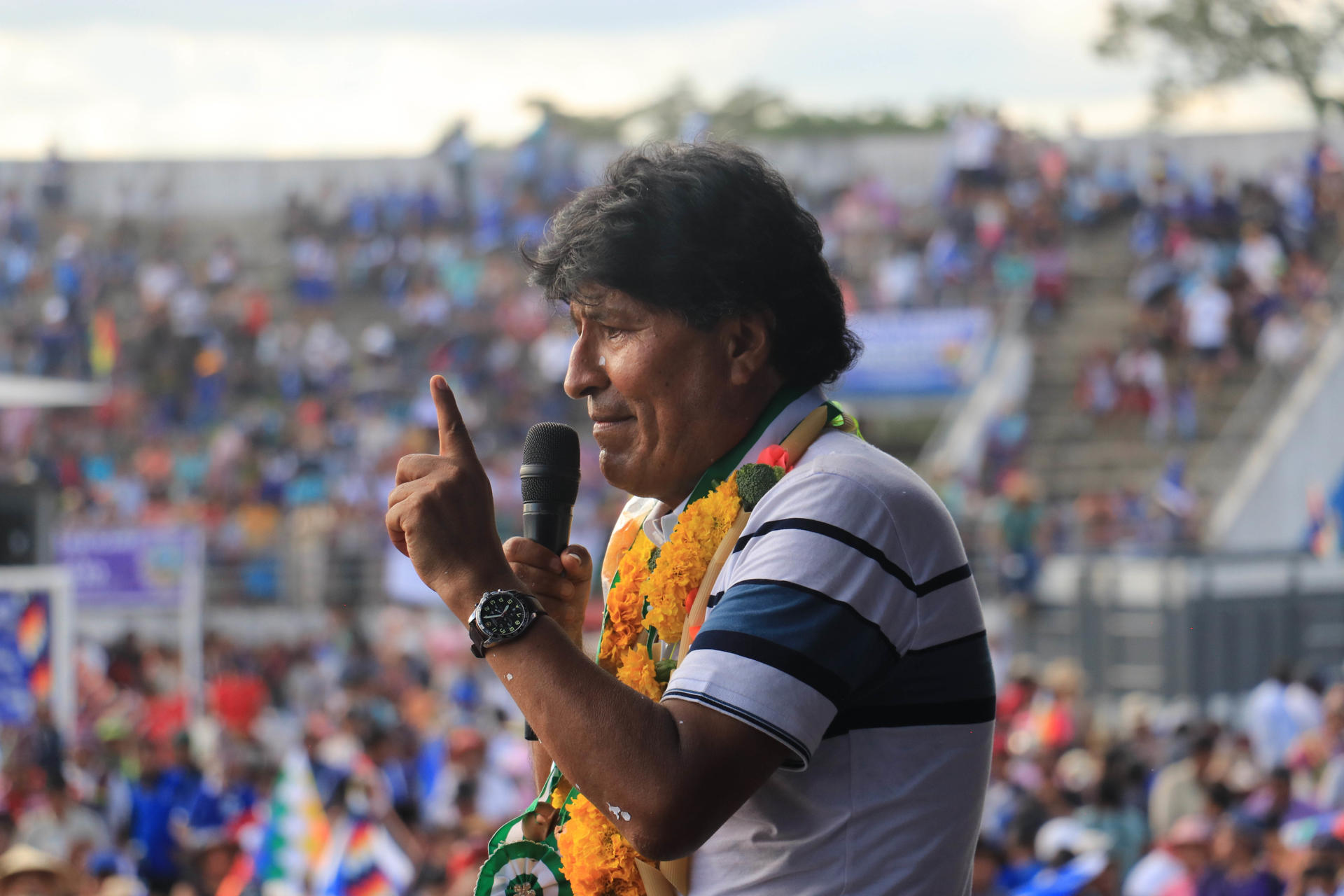 El expresidente de Bolivia (2006-2019) Evo Morales participa en un acto por los 29 años del gobernante MAS, este 30 de marzo de 2024 en Yapacaní. EFE/Juan Carlos Torrejón
