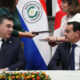 El canciller de Paraguay Rubén Ramírez (d) y el canciller de Georgia  Ilia Darchiashvili hablan durante una rueda de prensa este miércoles, en la sede de la Cancillería de Paraguay, en Asunción (Paraguay). EFE/ Nina Osorio/