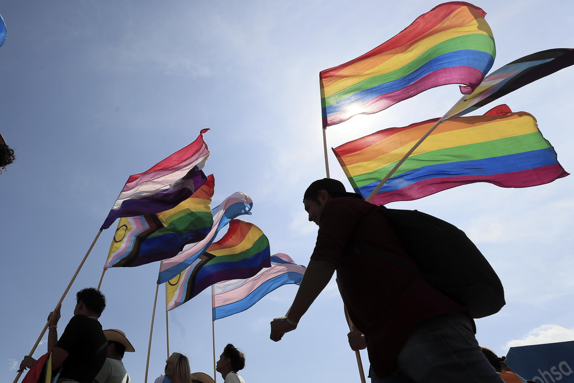 Integrantes de la comunidad LGTBI participan de una manifestación en el marco del Día Internacional contra la Homofobia, la Bifobia y la Transfobia, este 17 de mayo de 2024 en Tegucigalpa (Honduras). EFE/ Gustavo Amador