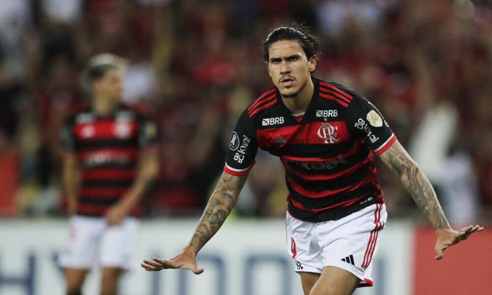 Pedro de Flamengo celebra un gol ante Bolívar por la Copa Libertadores en el estadio Maracaná en Río de Janeiro (Brasil). EFE/ Andre Coelho