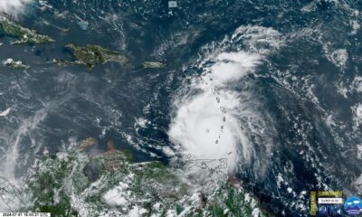 Captura de una imagen satelital de la Subdivisión de Meteorología Regional y de Mesoescala (RAMMB) y del Instituto Cooperativo para la Investigación Atmosférica (CIRA) de la Universidad Estatal de Colorado (CSU) donde se muestra una vista del ojo del huracán Beryl durante su paso por el Caribe. EFE/ RAMMB/CIRA/CSU