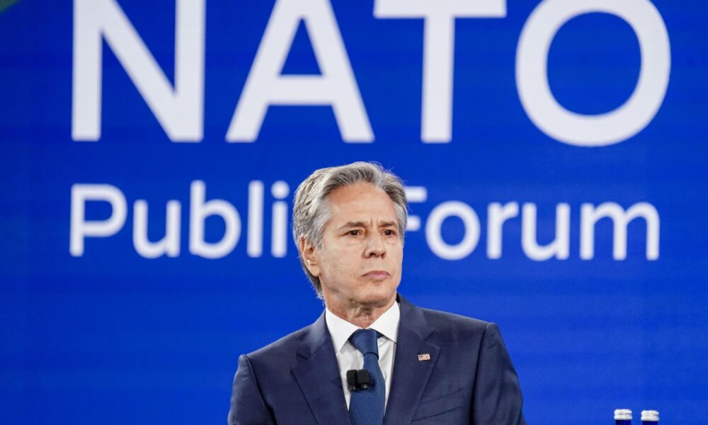 El secretario de Estado de Estados Unidos, Antony Blinken, asiste al Foro Público de la OTAN durante la Cumbre del 75º Aniversario del organismo en Washington. EFE/EPA/SHAWN THEW