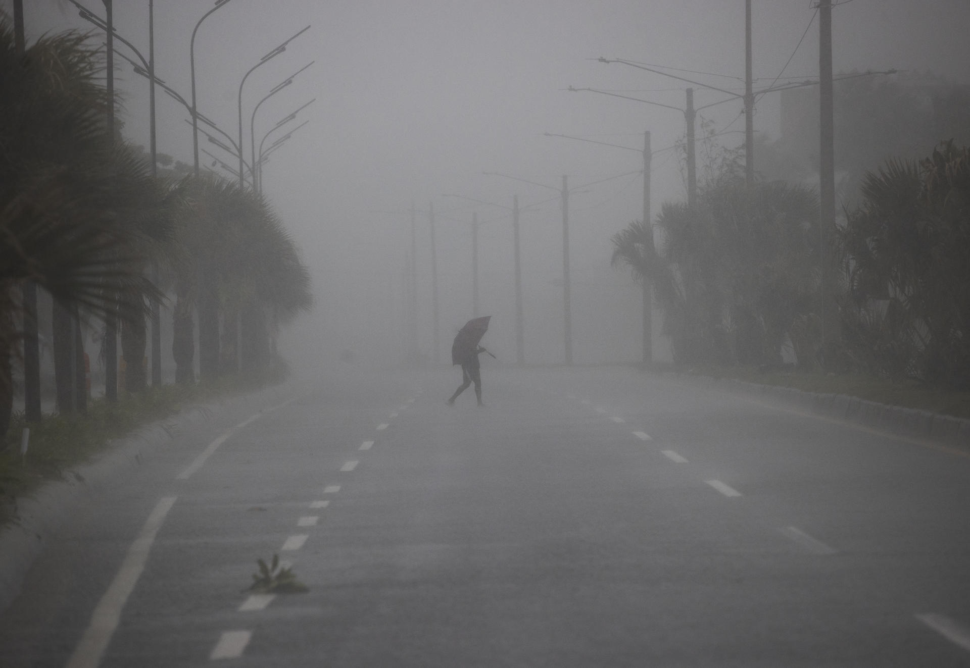 Una persona cruza hoy una avenida bajo una fuerte lluvia debido al paso de una tormenta tropical en Santo Domingo (República Dominicana). Fotografía de archivo. EFE/Orlando Barría