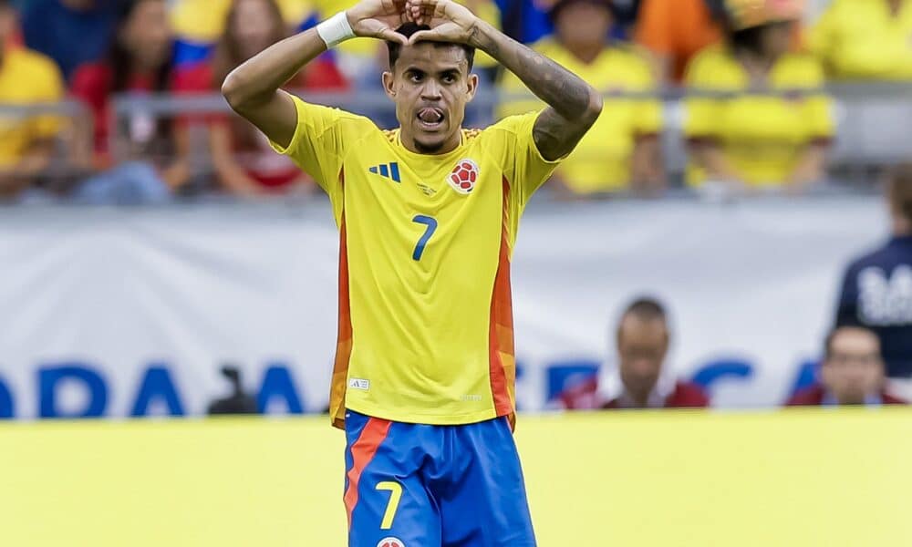 Luis Díaz de Colombia reacciona luego de anotar un gol contra Panamá en la Copa América 2024. EFE/EPA/JUAN G. MABANGLO