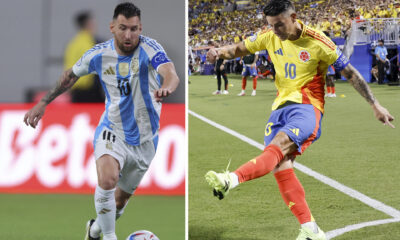 Lionel Messi y James Rodríguez, capitanes y estrellas de las selecciones argentina y colombiana que el domingo jugarán la final de la Copa América en el estadio Hard Rock de Miami. EFE/EPA/ERIK S. LESSER