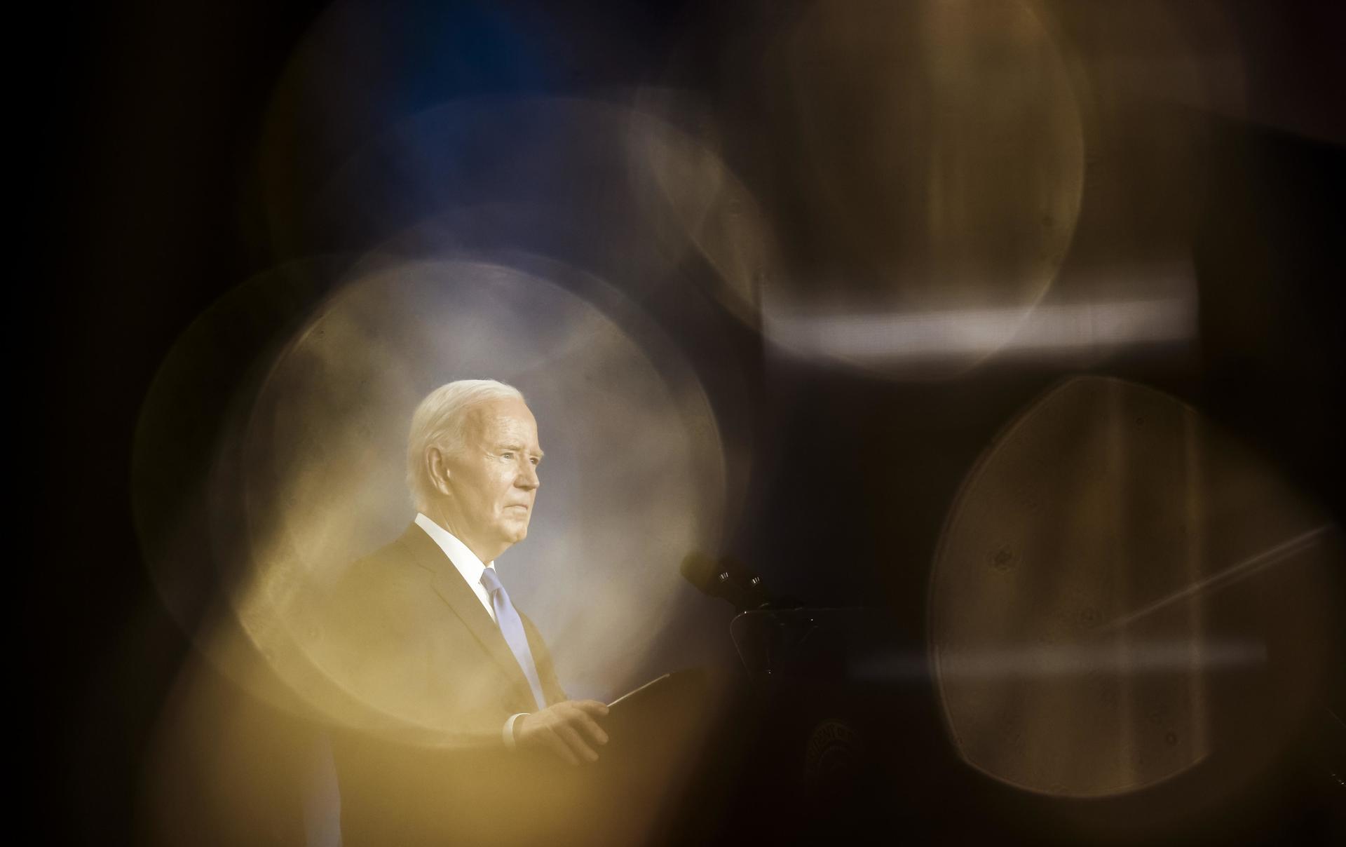 El presidente estadounidense, Joe Biden, habla durante una conferencia de prensa al margen del 75º Aniversario de la Cumbre de la Organización del Tratado del Atlántico Norte (OTAN) en el Centro de Convenciones Walter E. Washington, este 11 de julio de 2024. EFE/EPA/Jim Lo Scalzo