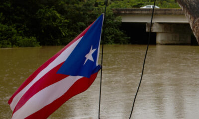 Fotografía de una bandera puertorriqueña y un columpio colgados de un árbol durante el paso del huracán Ernesto, en la desembocadura del río Hernández, el miércoles en Loiza, Puerto Rico. EFE/Thais Llorca