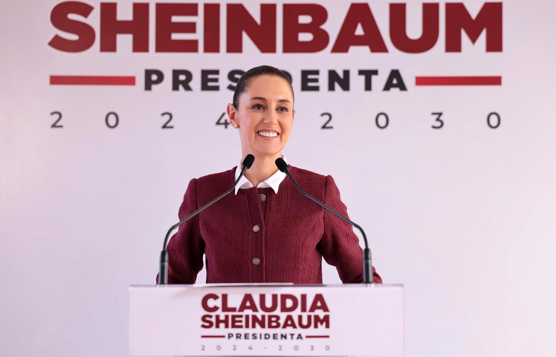 Fotografía cedida por la Casa de Campaña de Claudia Sheinbaum de la presidenta electa de México, Claudia Sheinbaum, habla en una rueda de prensa este jueves en la Ciudad de México (México). EFE/Casa de Campaña de Claudia Sheinbaum/SOLO USO EDITORIAL/SOLO DISPONIBLE PARA ILUSTRAR LA NOTICIA QUE ACOMPAÑA(CRÉDITO OBLIGATORIO)