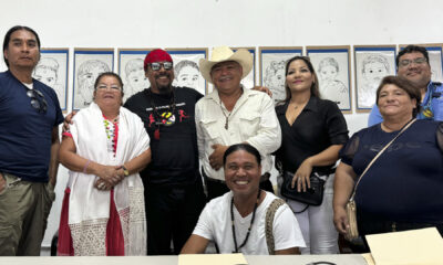 Representantes de los pueblos originarios Yoreme-Mayo, Yaquis, Tohono O’odham, Cucapá y Comca’ac Seri, posan en rueda de prensa en Hermosillo, estado de Sonora (México). EFE/ Daniel Sánchez