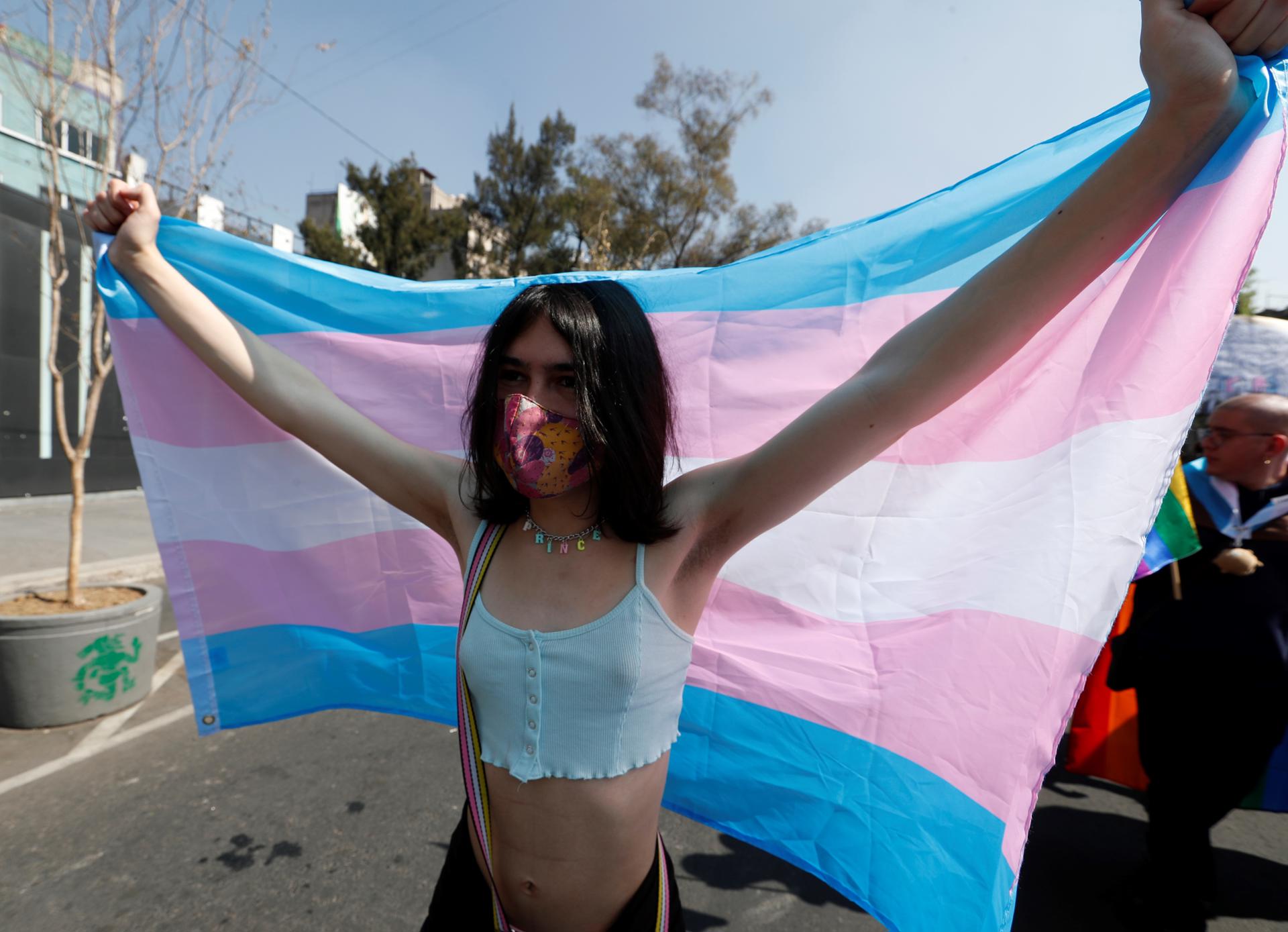 Imagen de archivo de integrantes y simpatizantes de la comunidad LGBT protestan en el marco del Día Internacional de la Memoria Trans en Ciudad de México (México). EFE/ Mario Guzmán