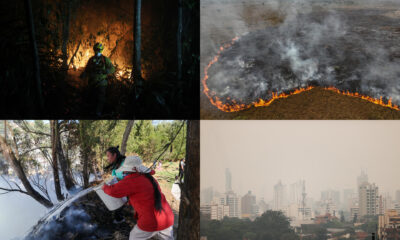 Combo de fotografías de archivo que muestra un bombero trabajando en apagar un incendio en Bolivia (i-arriba), fotografía con un dron de un incendio en una zona de la Amazonía, Brasil (arriba-d), residentes ayudan a mitigar el fuego en Quito, Ecuador (i-abajo) y la contaminación en la ciudad por los incendios en Asunción, Paraguay. EFE/ Luis Gandarillas/ Sebastiao Moreira/ José Jacome/ Juan Pablo Pino