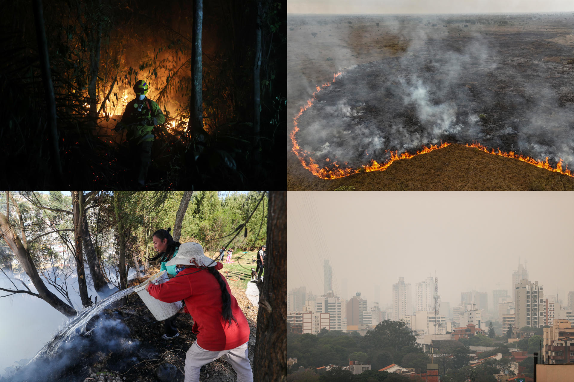 Combo de fotografías de archivo que muestra un bombero trabajando en apagar un incendio en Bolivia (i-arriba), fotografía con un dron de un incendio en una zona de la Amazonía, Brasil (arriba-d), residentes ayudan a mitigar el fuego en Quito, Ecuador (i-abajo) y la contaminación en la ciudad por los incendios en Asunción, Paraguay. EFE/ Luis Gandarillas/ Sebastiao Moreira/ José Jacome/ Juan Pablo Pino