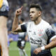 Ángel Romero de Corinthians celebra su gol en el partido de vuelta de cuartos de final de la Copa Sudamericana. EFE/ Sebastiao Moreira