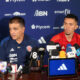 El argentino y seleccionador de Costa Rica, Claudio Vivas, y el jugador Jefferson Brenes participan en una conferencia de prensa este domingo en Ciudad de Guatemala. EFE / Fernando Ruiz