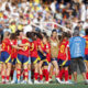 Jugadoras de España celebran al final de un partido del grupo C de la Copa Mundial Femenina sub-20. EFE/ Ernesto Guzmán Jr.