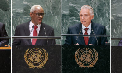 Combo de fotografías donde aparece el Ministro de Exteriores peruano, Elmer Schialer (i), el presidente del Consejo Presidencial de Transición de Haití, Edgar Leblanc Fils (2-i), el canciller de Costa Rica, Arnoldo André Tinoco (2-d) y el presidente de Uruguay, Luis Lacalle Pou, hablando en Nueva York (Estados Unidos). EFE/ EPA/ Stephani Spindel / Sarah Yenesel / Olga Fedorova / Sarah Yenesel