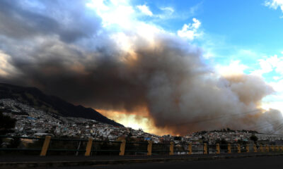 Fotografía de una columna de humo por un incendio forestal este martes en el sector de Guápulo en Quito (Ecuador). EFE/ José Jácome