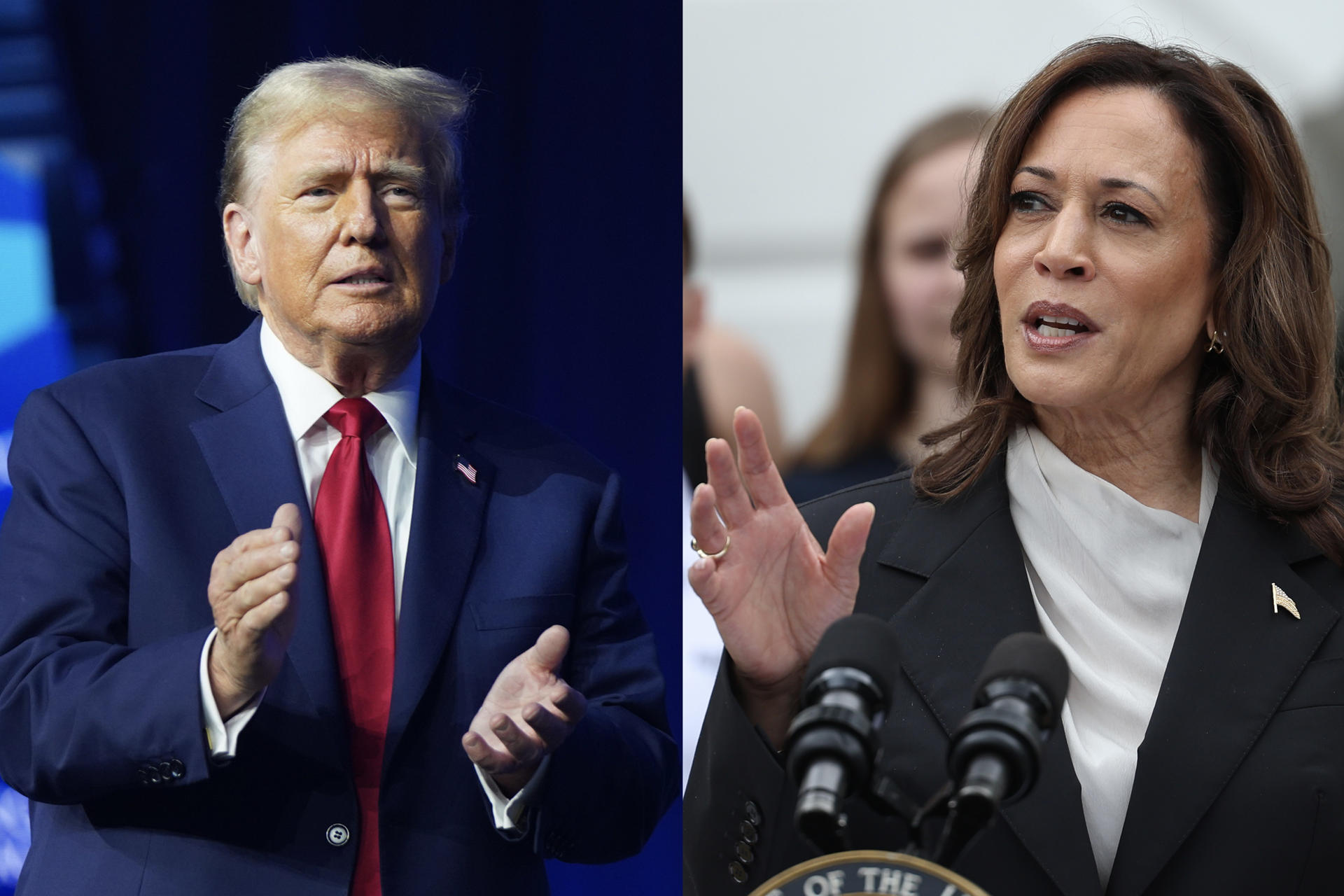 Combo de fotografías donde se observa a los candidatos a la presidencia de Estados Unidos el expresidente Donald Trump y a la actual vicepresidenta Kamala Harris. Los candidatos a las elecciones presidenciales del 5 de noviembre, Donald Trump y Kamala Harris, preparan de manera muy distinta el crucial debate que el martes los pondrá uno frente al otro en los estudios de la cadena ABC de Filadelfia y que probablemente será el único de la campaña electoral. EFE/ Ting Shen