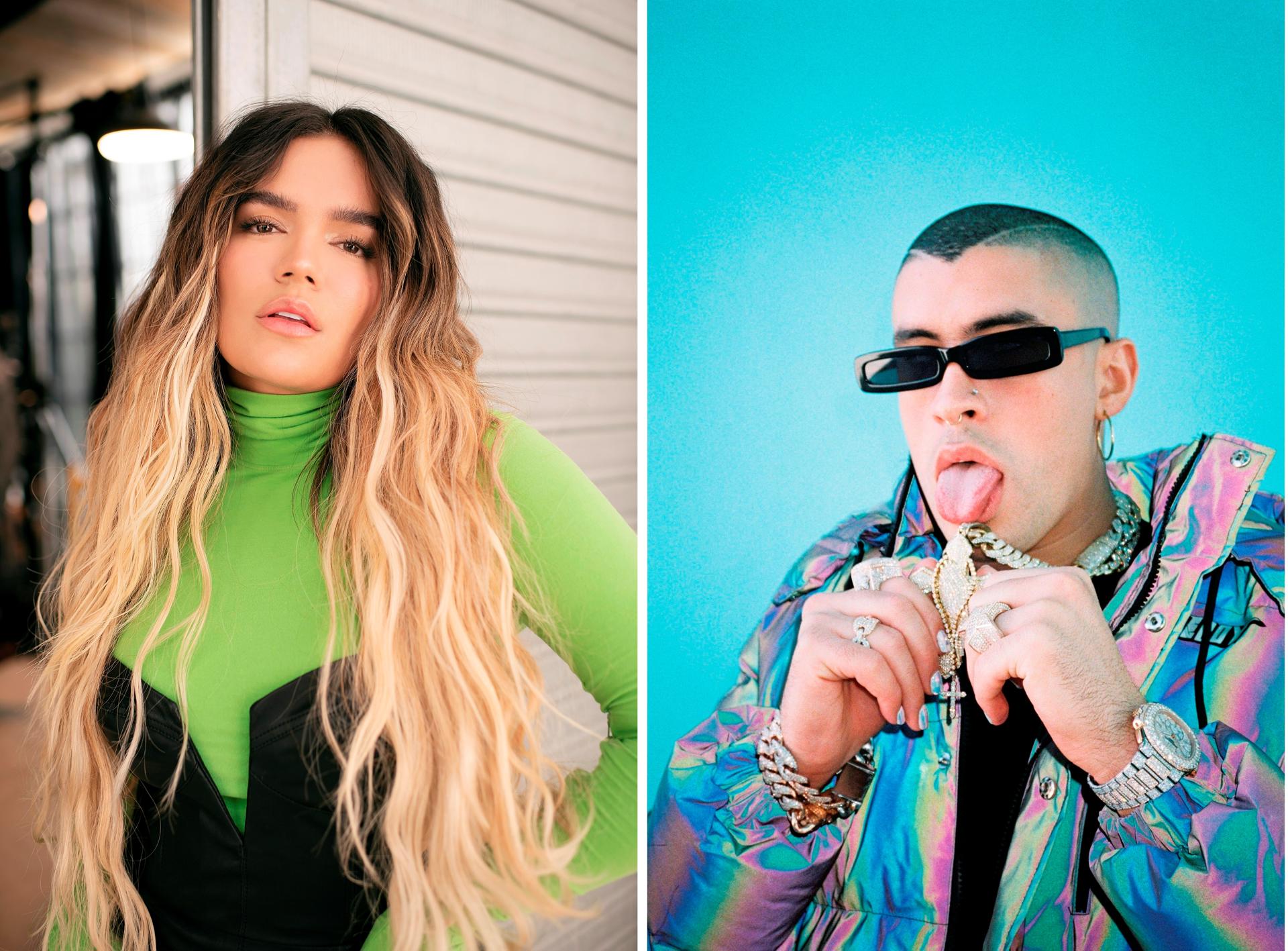 Combo de dos fotografías cedidas por Telemundo donde aparece la cantante colombiana Karol G y el puertorriqueño Bad Bunny quienes se erigieron como los favoritos en la próxima edición de los premios Latin Grammy al sumar cada uno ocho categorías, tras el anuncio de los nominados por parte de la Academia Latina de la Grabación, organizadores de estos premios que se celebrarán el 14 de noviembre. EFE/Telemundo /SOLO USO EDITORIAL /NO VENTAS /SOLO DISPONIBLE PARA ILUSTRAR LA NOTICIA QUE ACOMPAÑA /CRÉDITO OBLIGATORIO