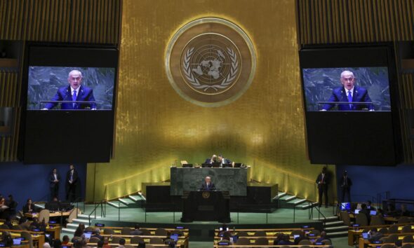 El primer ministro de Israel, Benjamin Netanyahu interviene en la Asamblea General de la ONU en Nueva York(EE.UU.). EFE/EPA/SARAH YENESEL