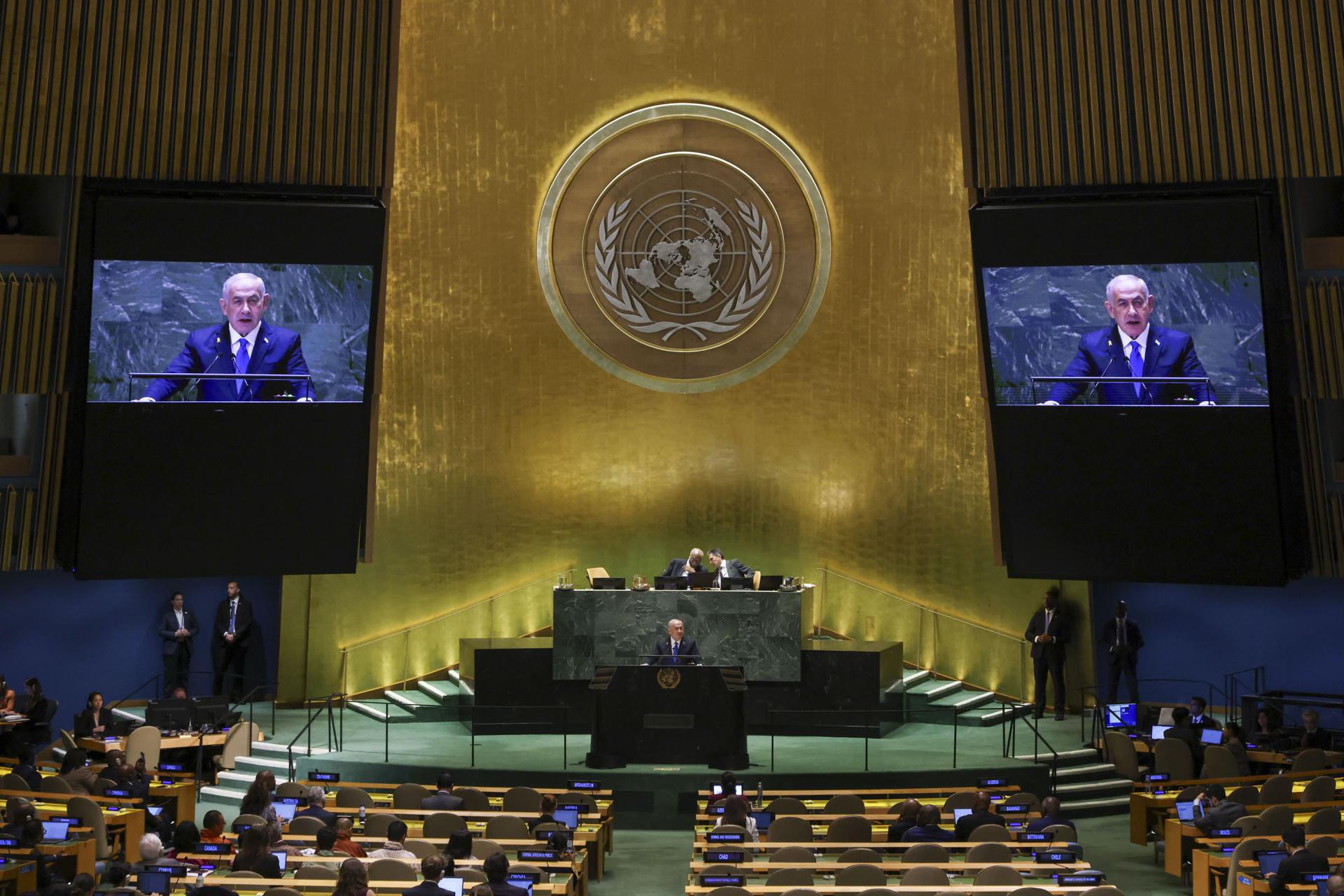 El primer ministro de Israel, Benjamin Netanyahu interviene en la Asamblea General de la ONU en Nueva York(EE.UU.). EFE/EPA/SARAH YENESEL