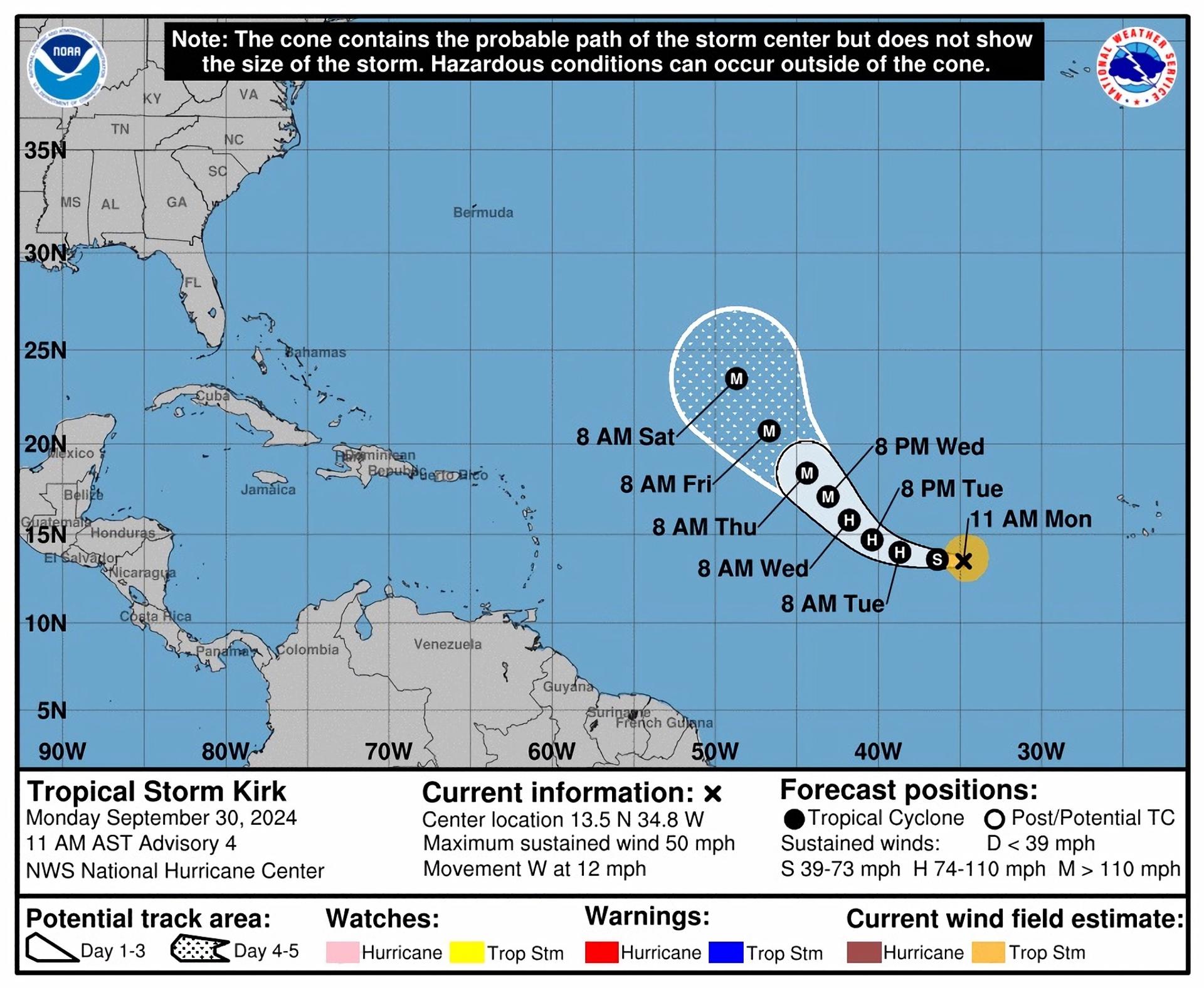 Fotografía satelital cedida por la Oficina Nacional de Administración Oceánica y Atmosférica (NOAA) a través del Centro Nacional de Huracanes (NHC) estadounidense donde se muestra la localización de la tormenta tropical Kirk (abajo) en el Atlántico. EFE/ Noaa-nhc