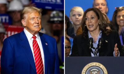 Combo de dos fotografías donde se ven el expresidente de los Estados Unidos y candidato presidencial, Donald Trump, y la vicepresidenta de los Estados Unidos y candidata presidencial, Kamala Harris. EFE/ Jim Lo Scalzo/ Rebecca Droke