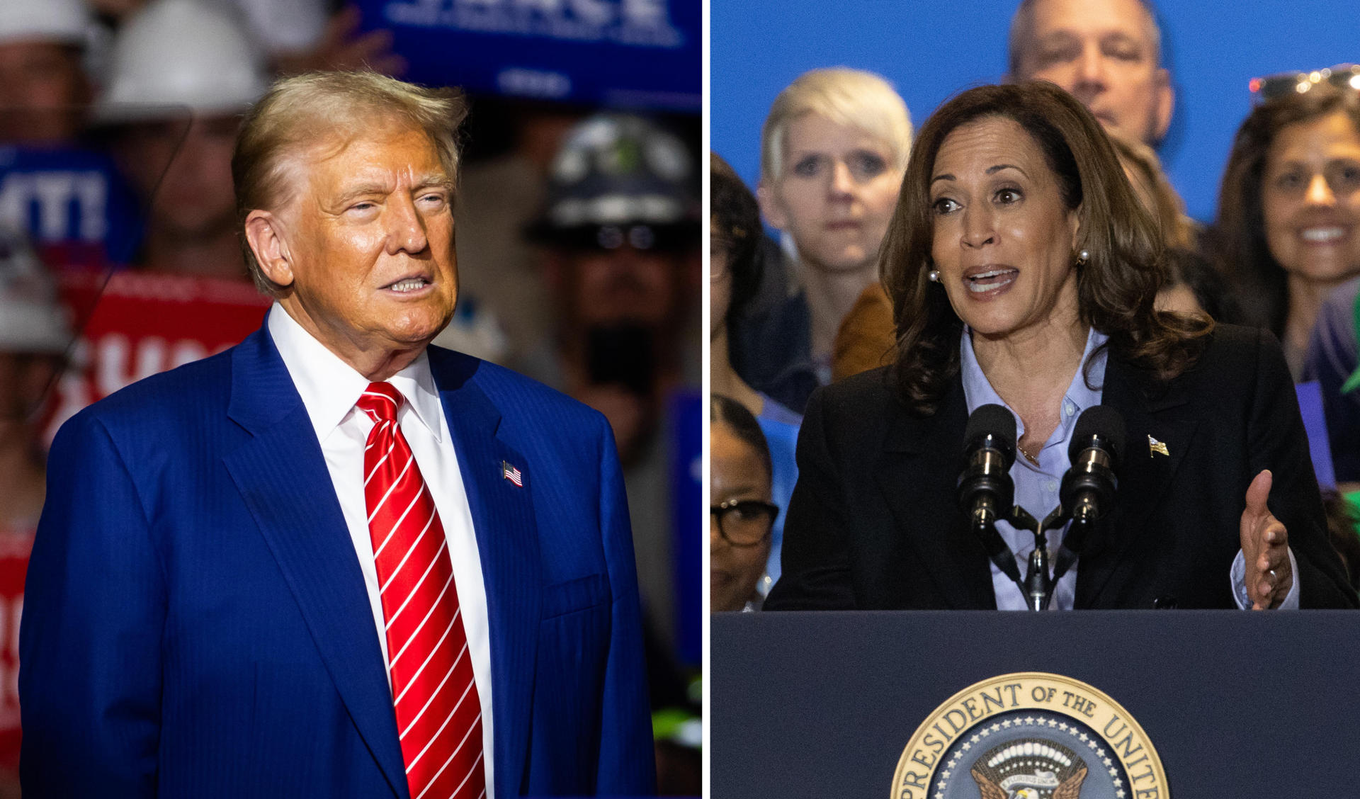 Combo de dos fotografías donde se ven el expresidente de los Estados Unidos y candidato presidencial, Donald Trump, y la vicepresidenta de los Estados Unidos y candidata presidencial, Kamala Harris. EFE/ Jim Lo Scalzo/ Rebecca Droke