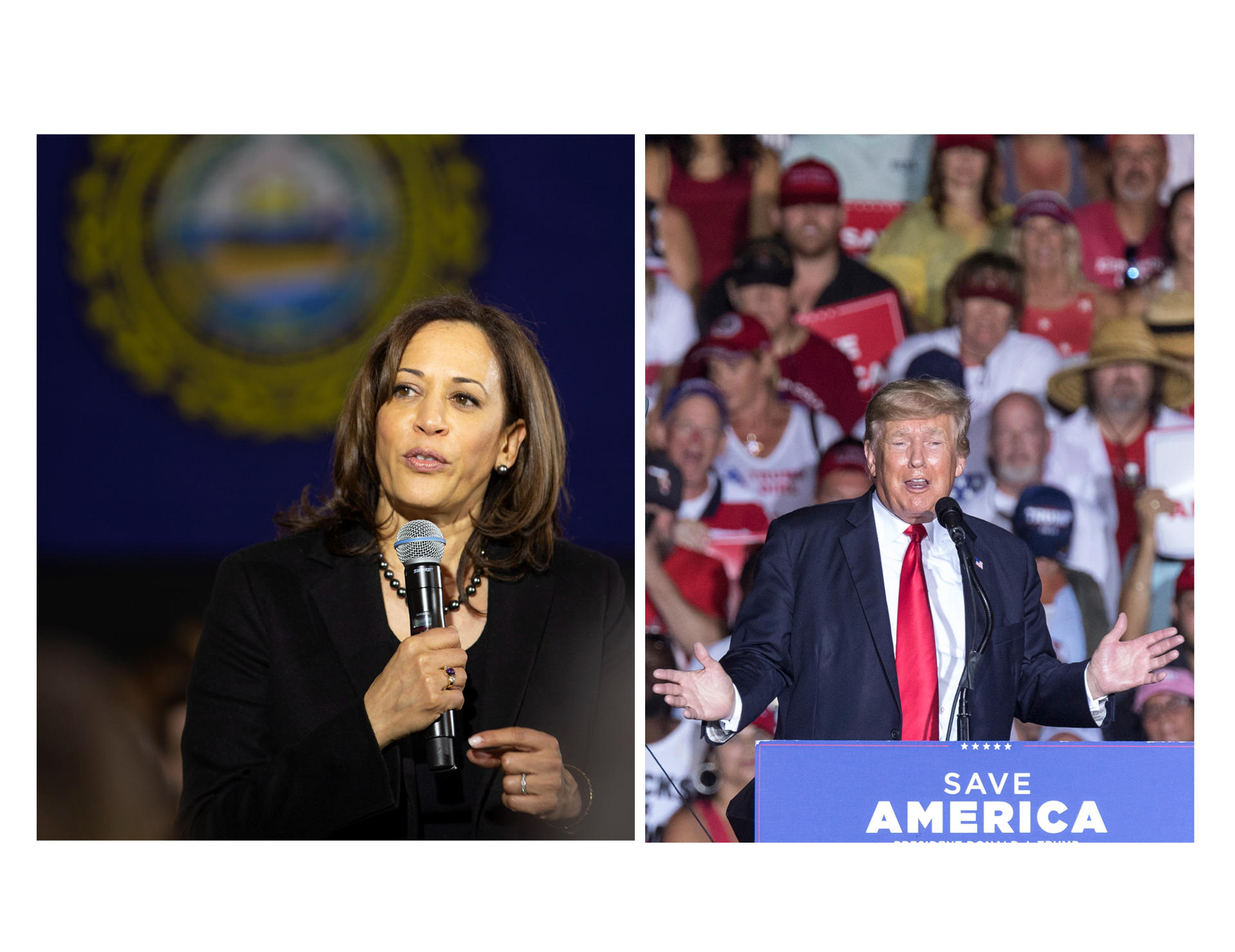 Combo de fotografías de archivo que muestra a la vicepresidenta de EE.UU. Kamala Harris (i) y al expresidente Donald Trump. Archivo. EFE