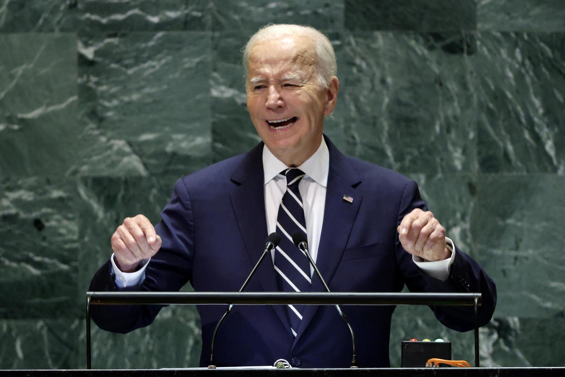 El presidente de Estados Unidos, Joe Biden, habla durante el debate general del 79º periodo de sesiones de la Asamblea General de las Naciones Unidas en la Sede de las Naciones Unidas en Nueva York, Nueva York, EE.UU. EFE/JUSTIN LANE