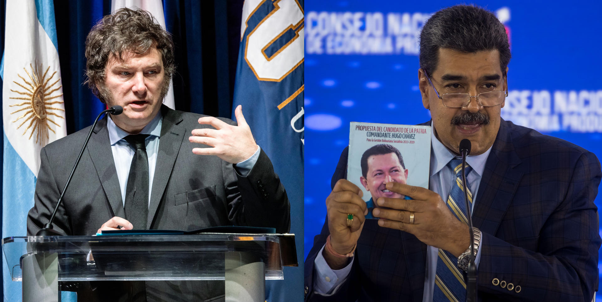 Combo de dos fotografías de archivo de los presidentes de Argentina, Javier Milei (i), y de Venezuela, Nicolás Maduro. EFE/ Cristóbal Herrera-Ulashkevich / Miguel Gutiérrez